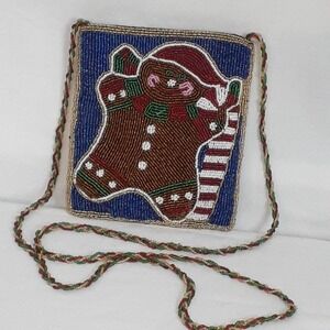 C. Marie Beaded Gingerbread‎ Man Crossbody Purse Zip Top Fabric Back